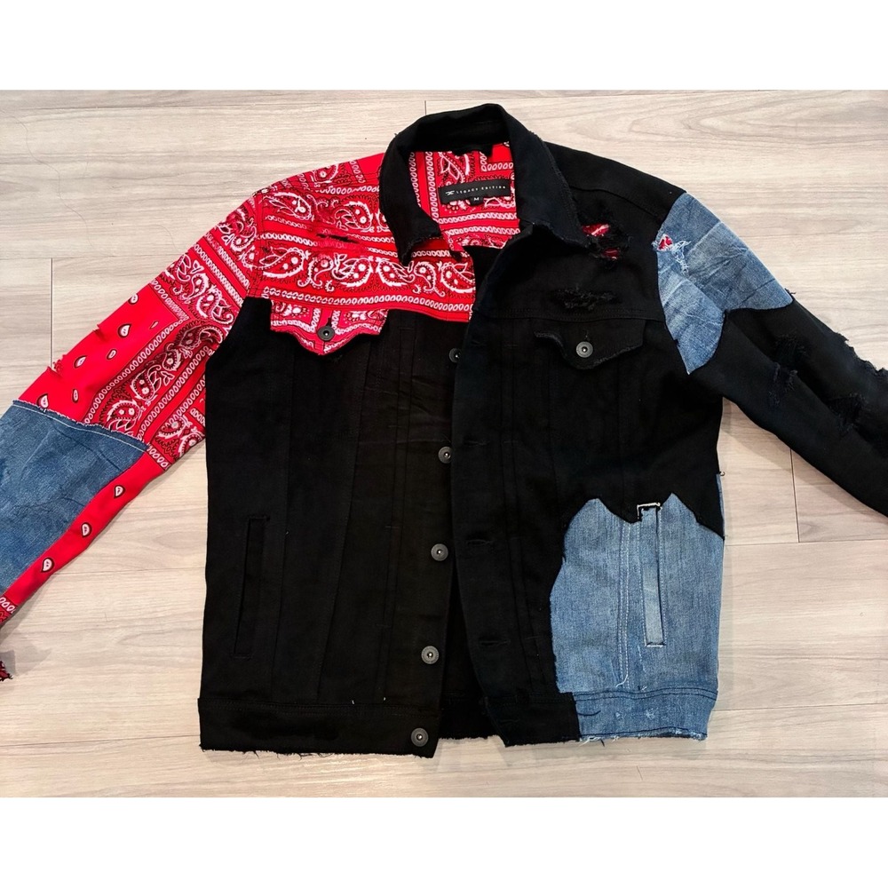 Legacy Edition Men's Black Red Bandana Patchwork Denim Trucker Jacket Size M